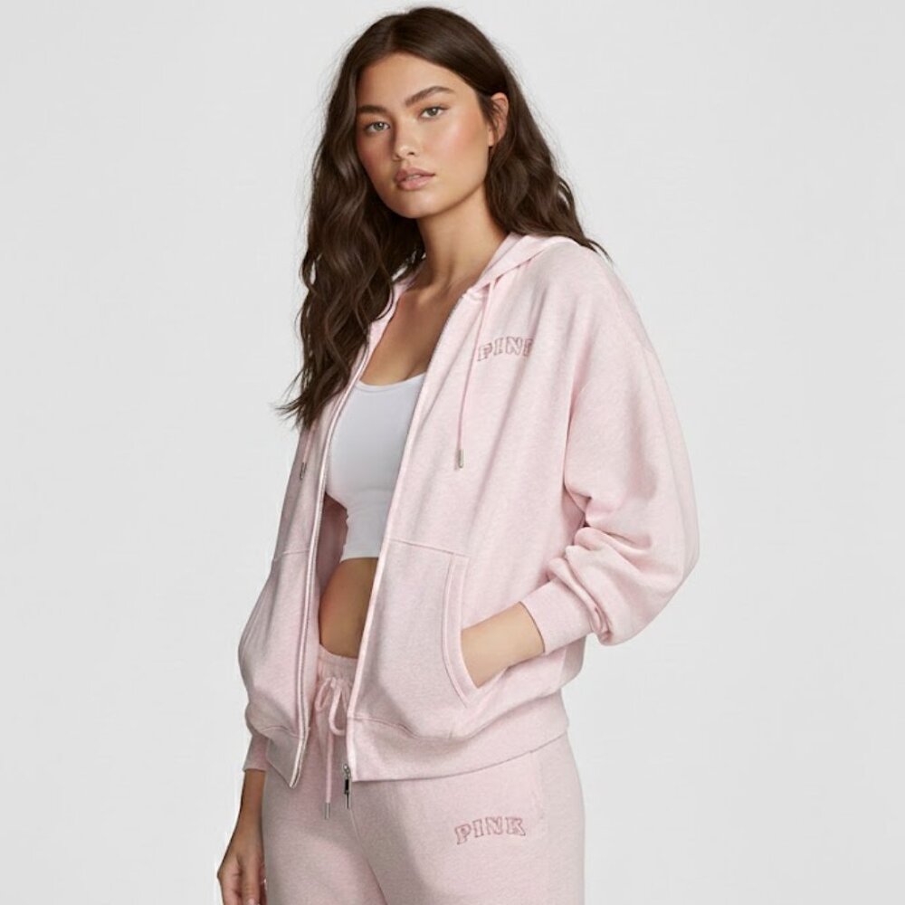 VS PINK Ivy Campus Fleece Full Zip Hoodie Heathered Pink Woven Shine Med NWT